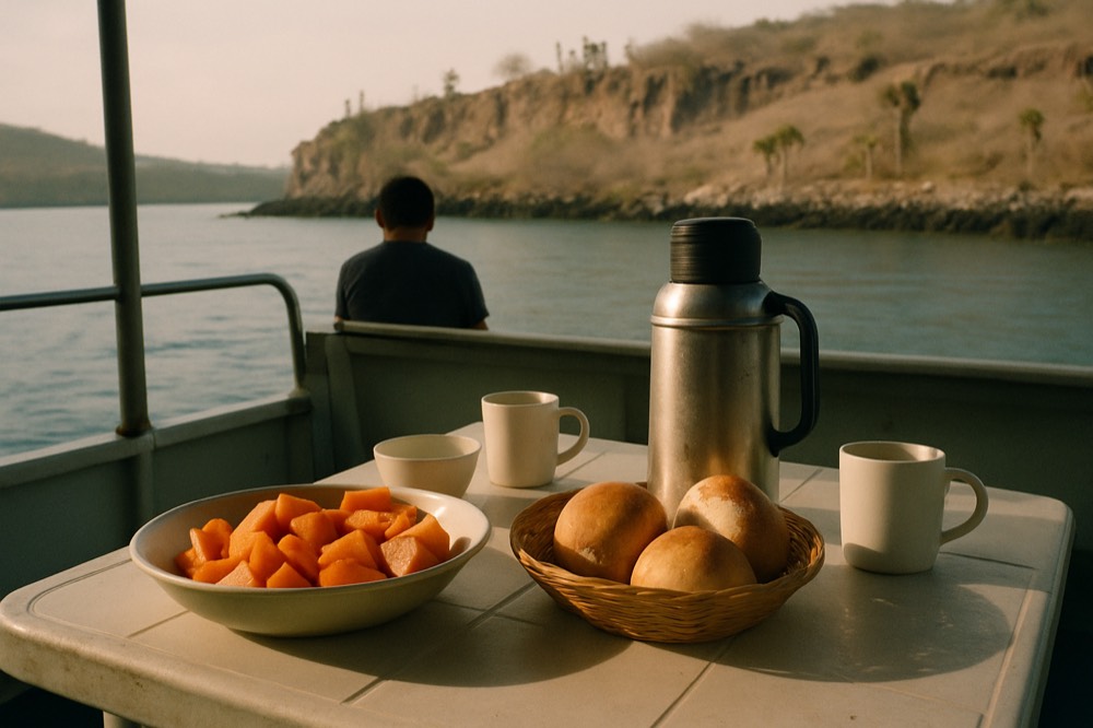 A breakfast table set on the shaded deck of a small boat with fruit and rolls