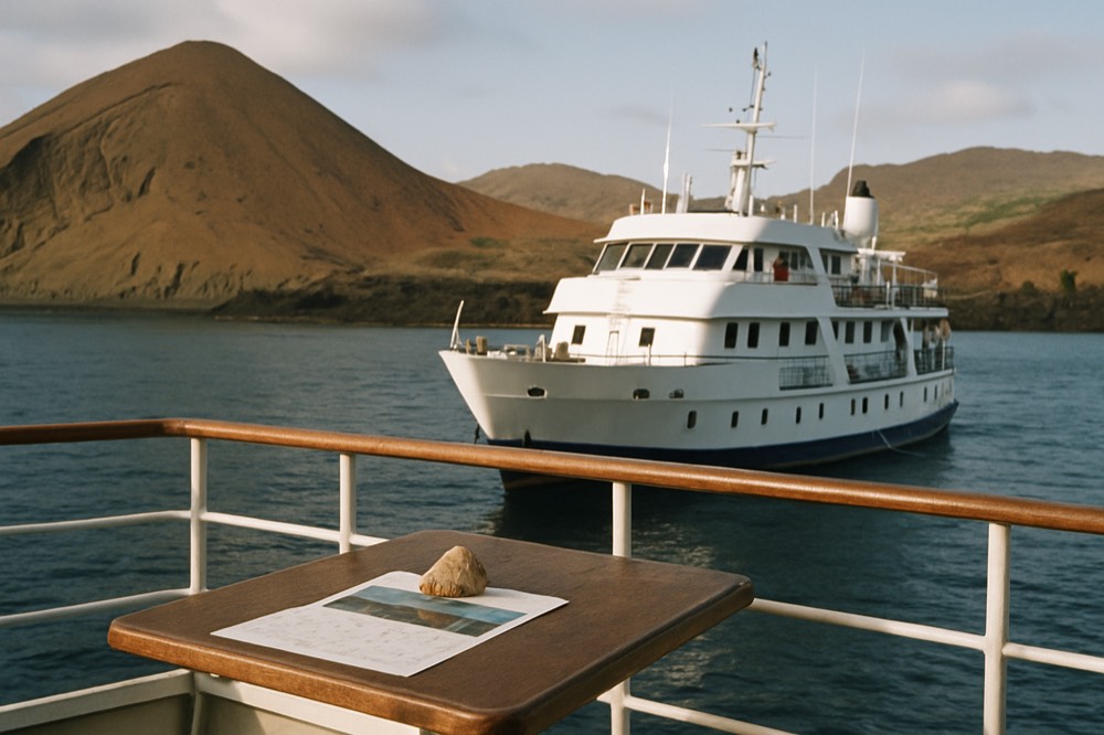 A small ship moored near a volcanic shoreline with a booking calendar on the deck table