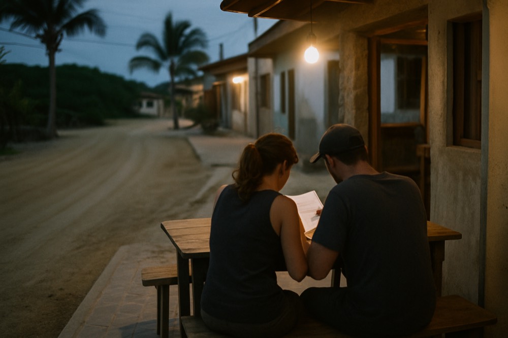 A couple reading booking documents together at an outdoor table in the evening