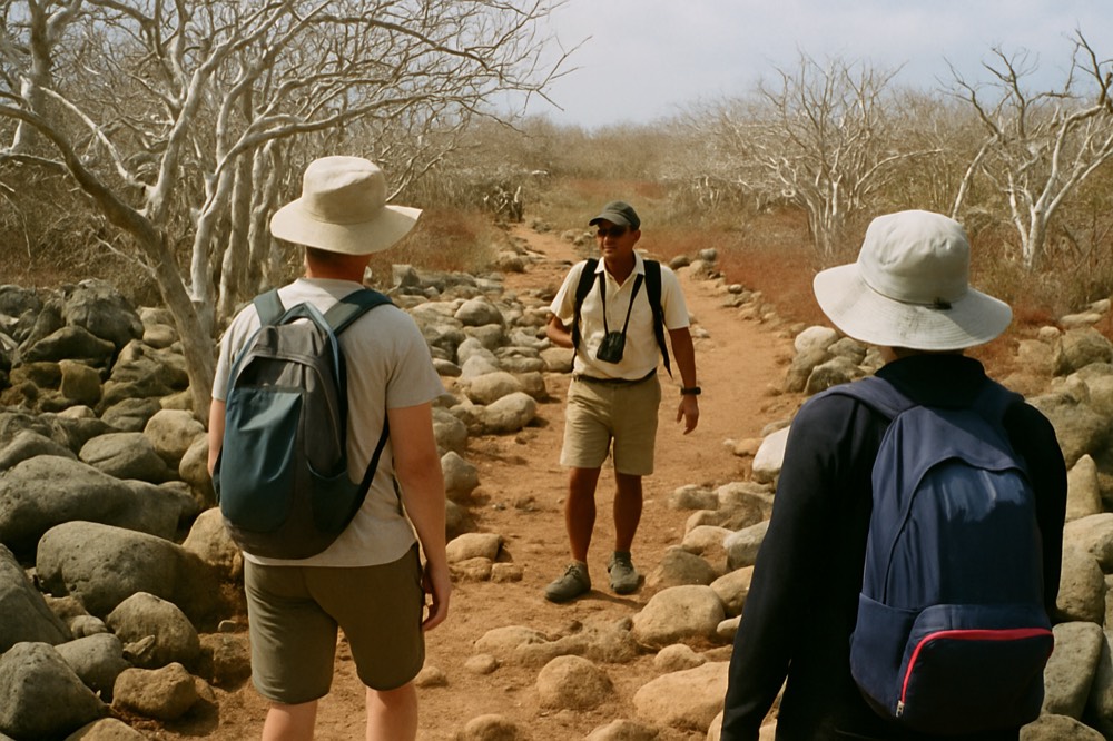 A naturalist guide speaking with a small group of travellers on a rocky shoreline