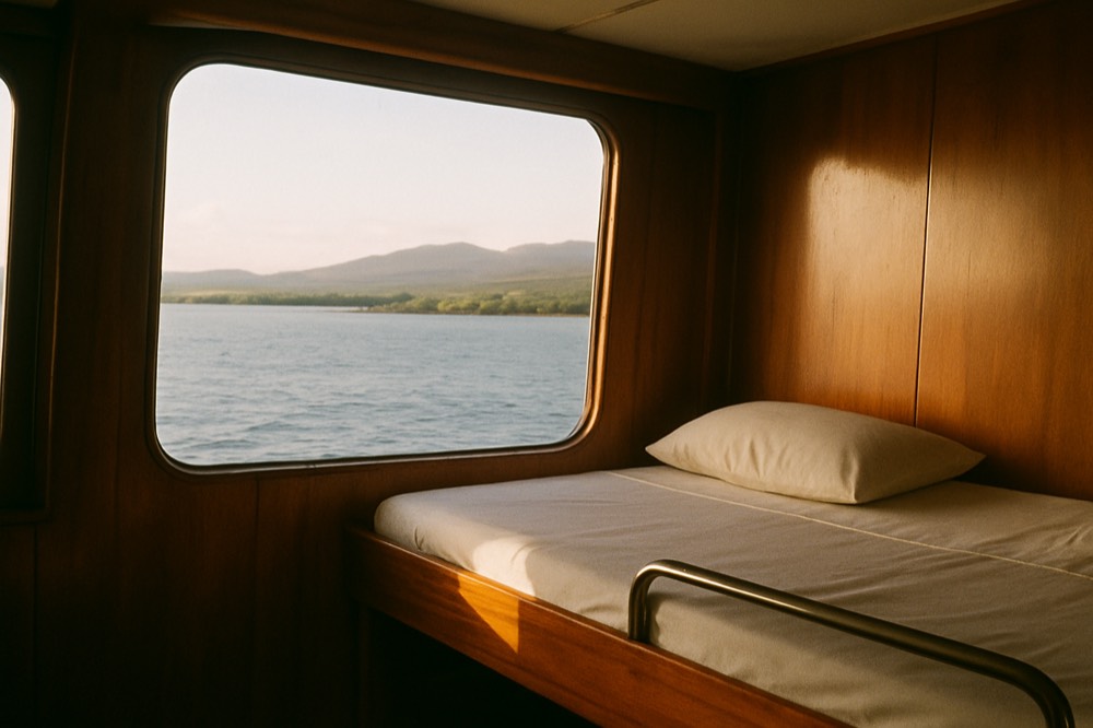A bright upper-deck cabin with a wide window looking out over calm ocean
