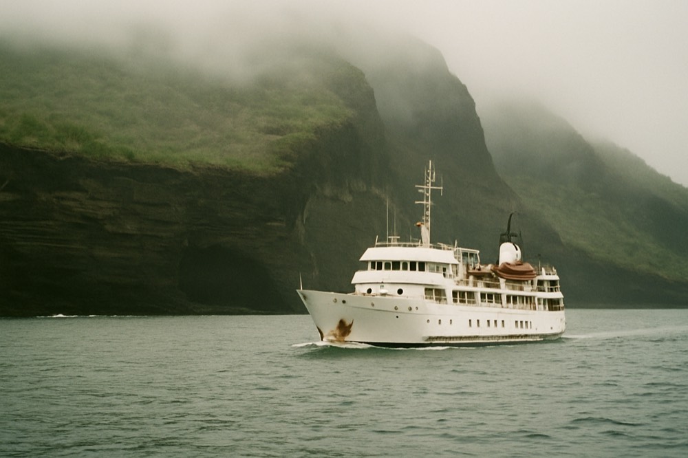 A small expedition ship cruising past a volcanic coastline with mist on the cliffs