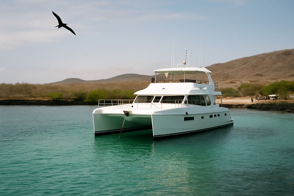 A luxury catamaran moored in a quiet cove with clear turquoise water
