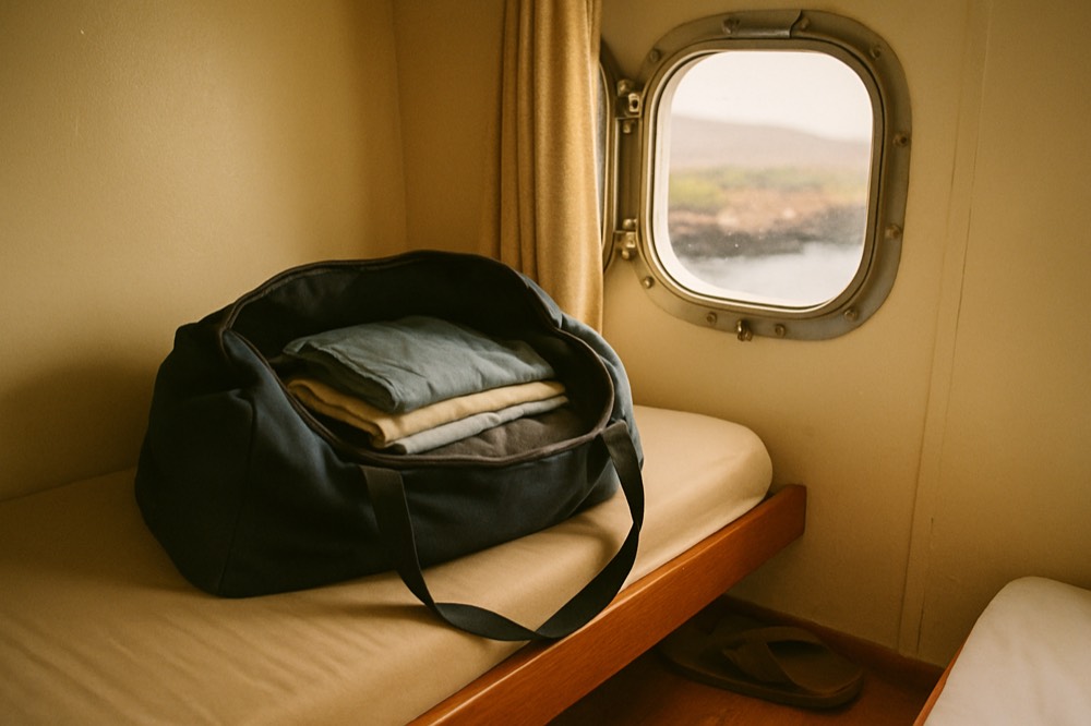 Soft duffel bag resting open on a narrow ship cabin berth with folded shirts inside