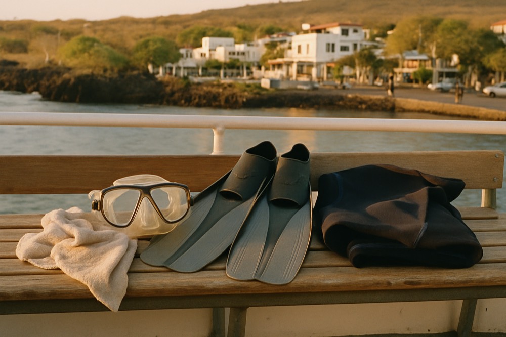 Snorkel mask, fins and a folded shorty wetsuit laid out on a bench beside a folded towel
