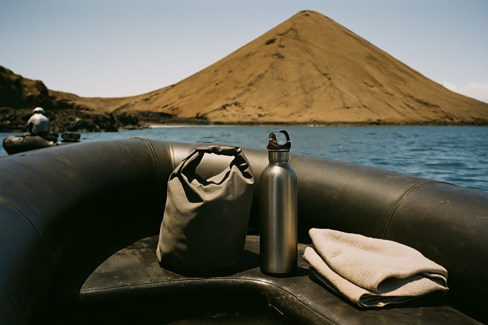 Dry bag and water bottle resting on the bench of an inflatable boat beside a folded towel