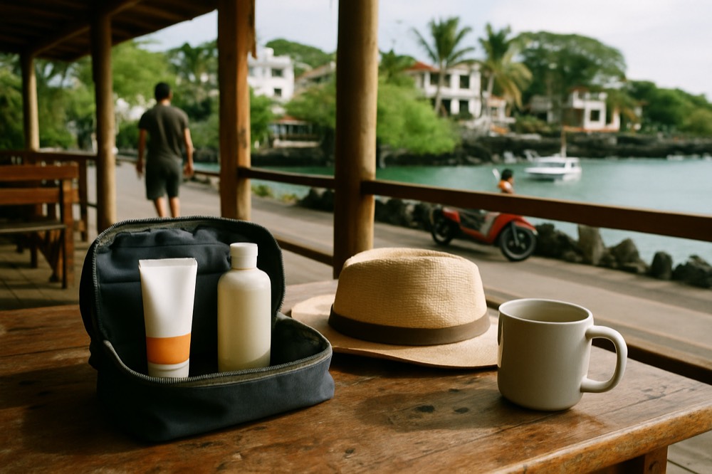 Toiletry bag with mineral sunscreen tube, biodegradable soap bottle and a wide-brimmed hat on a wooden table